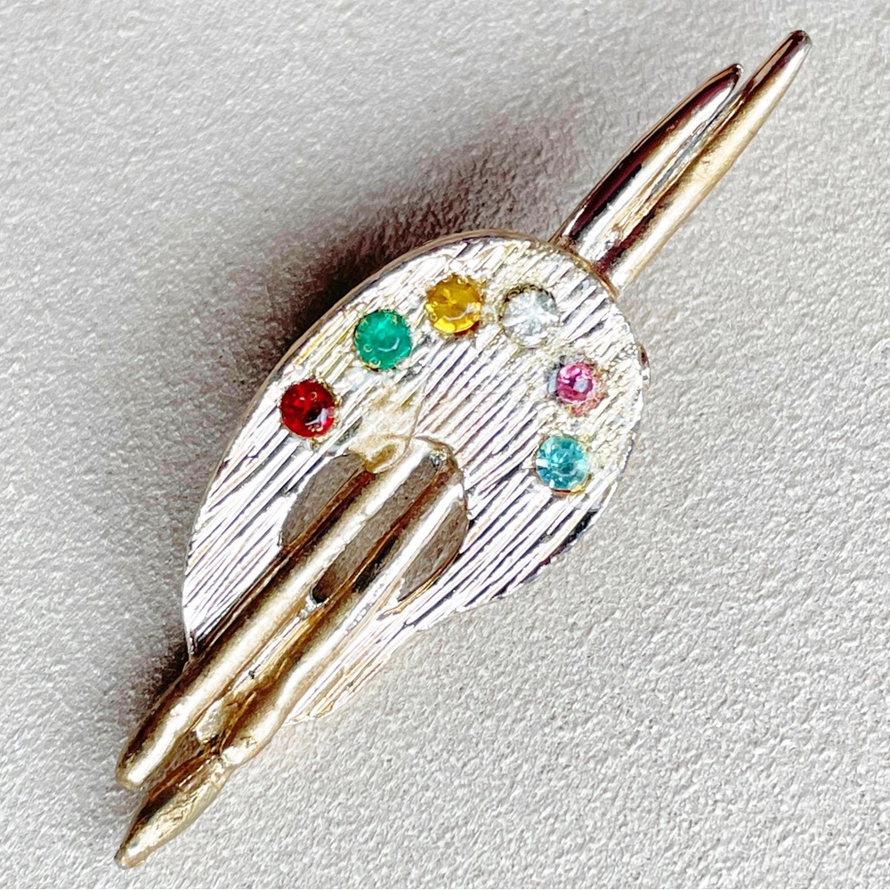 Vintage Gold Tone Palette Brooch with Multicolor Rhinestones